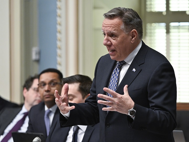 Quebec Premier François Legault responds to the Opposition as the National Assembly resumes,  Tuesday, January 31, 2023 at the legislature in Quebec City. 