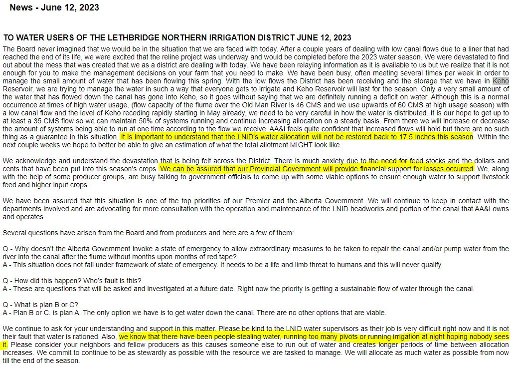 Post made on the Lethbridge Northern Irrigation District on June 12th.