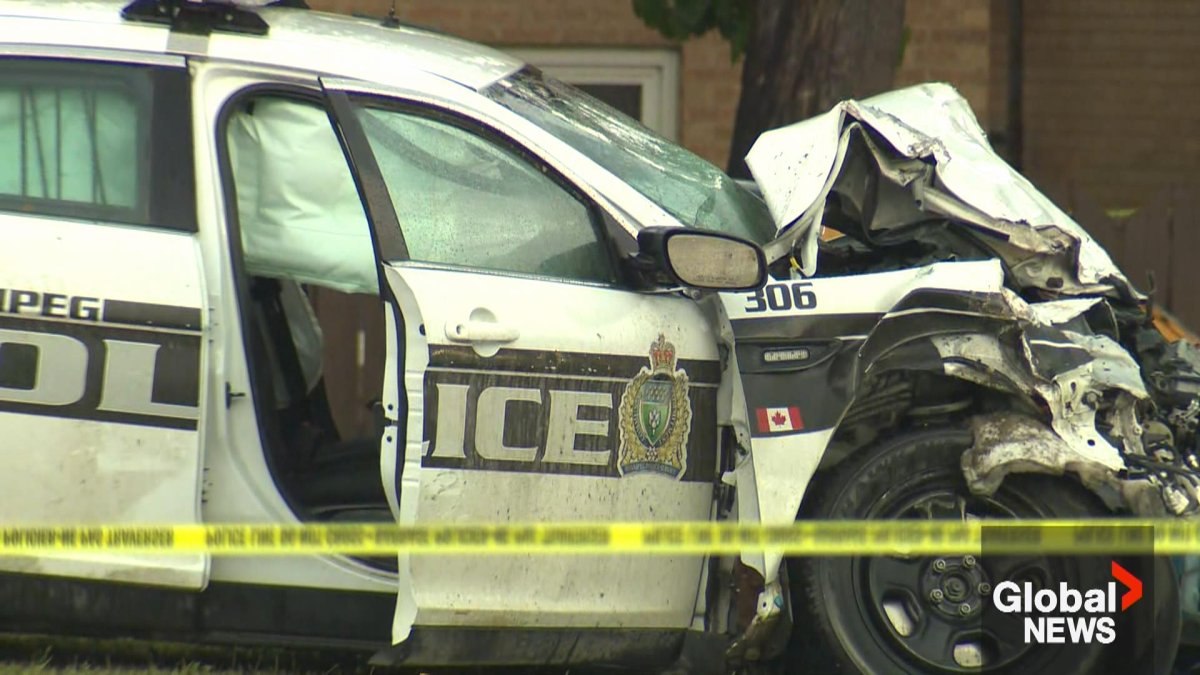 The aftermath of a crash involving a Winnipeg police car and a stolen vehicle Wednesday.