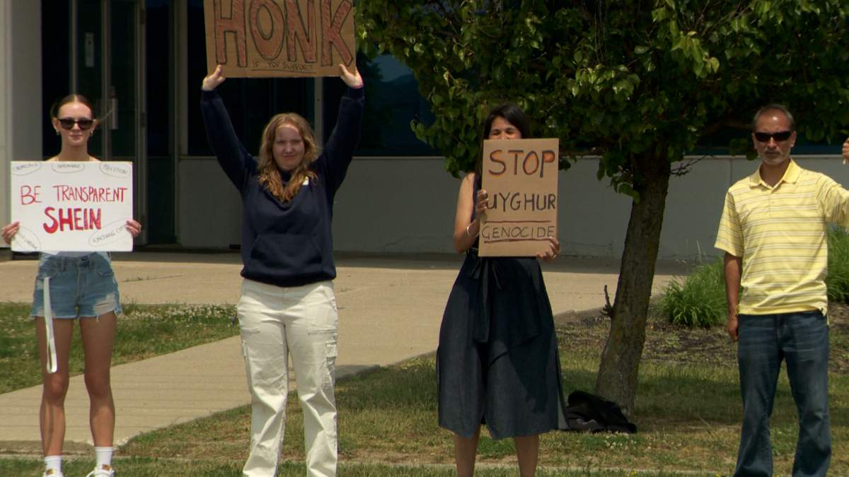 Protesters gather outside Shein’s new distribution facility in Markham, Ontario, calling for greater transparency from the Chinese fashion firm.