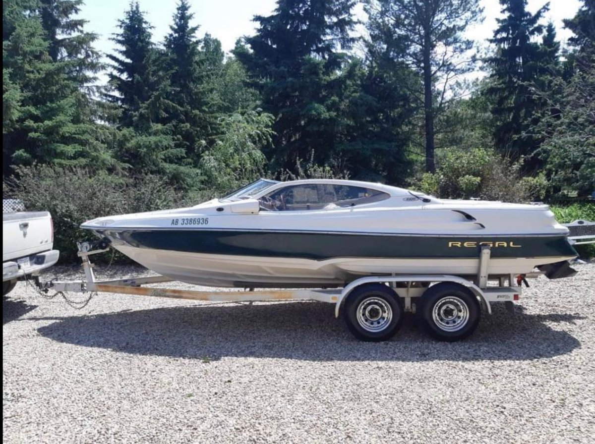 A 21-foot 1998 beige Regal with a green stripe around it and trailer was stolen from the 800 block of Academy Way in Kelowna on June 29.