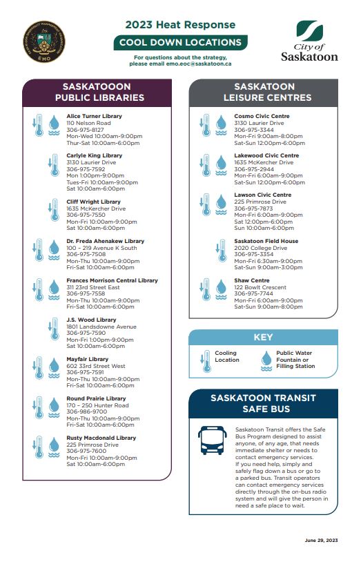 Cooling stations and partners available in Saskatoon amid extreme heat warnings over the Canada Day long weekend.