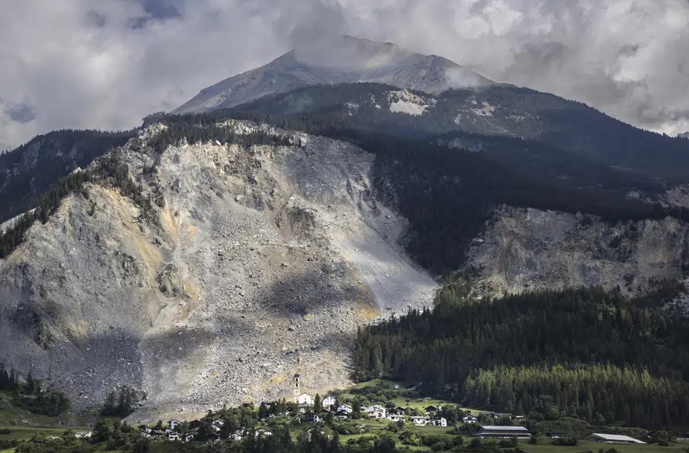 General view of the village of Brienz-Brinzauls below the rockfall "Brienzer Rutsch", in Switzerland, Friday, June 16, 2023.