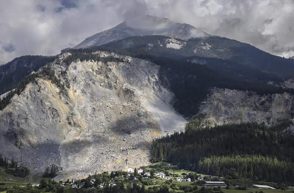 General view of the village of Brienz-Brinzauls below the rockfall "Brienzer Rutsch", in Switzerland, Friday, June 16, 2023.