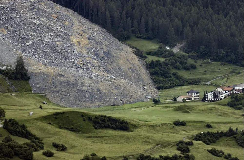General view of the village of Brienz-Brinzauls below the rockfall "Brienzer Rutsch", in Switzerland, Friday, June 16, 2023.