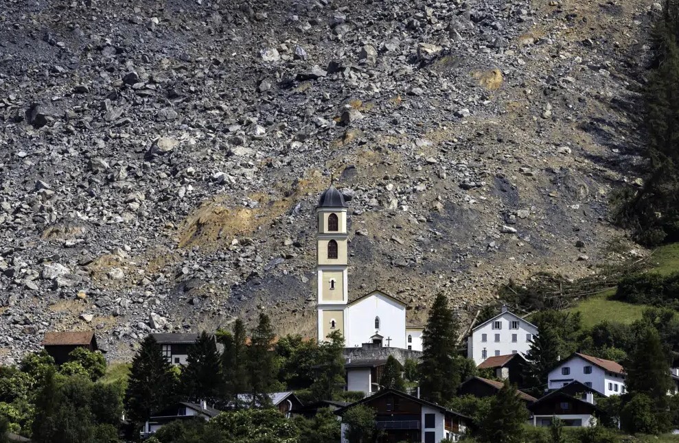 General view of the village of Brienz-Brinzauls below the rockfall "Brienzer Rutsch", in Switzerland, Friday, June 16, 2023.