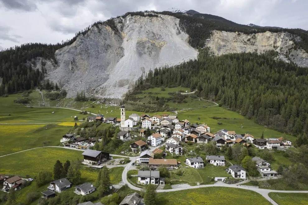 View of the village and the "Brienzer Rutsch", taken on Tuesday, May 9, 2023, in Brienz-Brinzauls, Switzerland.