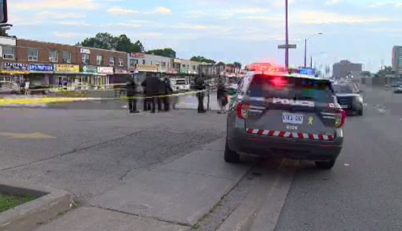 Police on scene following a fatal stabbing at a plaza in Scarborough on June 25, 2023.