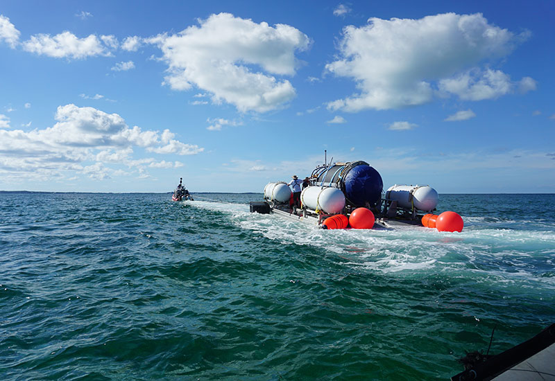 The Titan is towed to a dive location in the Bahamas.
