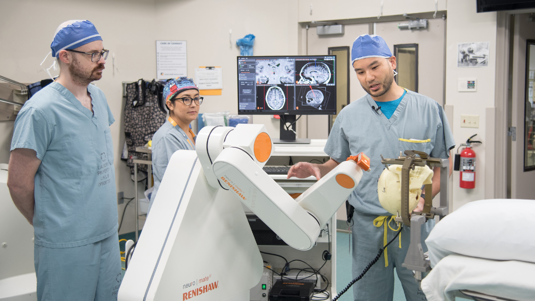 using the Renishaw neuromate® robot to assist in the surgery helps with the accurate and safe placement of electrodes while simultaneously accessing difficult to reach areas of the brain.