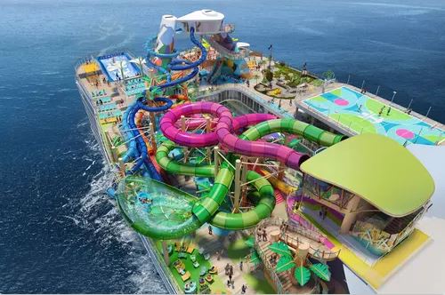A rendering of the water park, including six slides, on the Icon of the Seas.