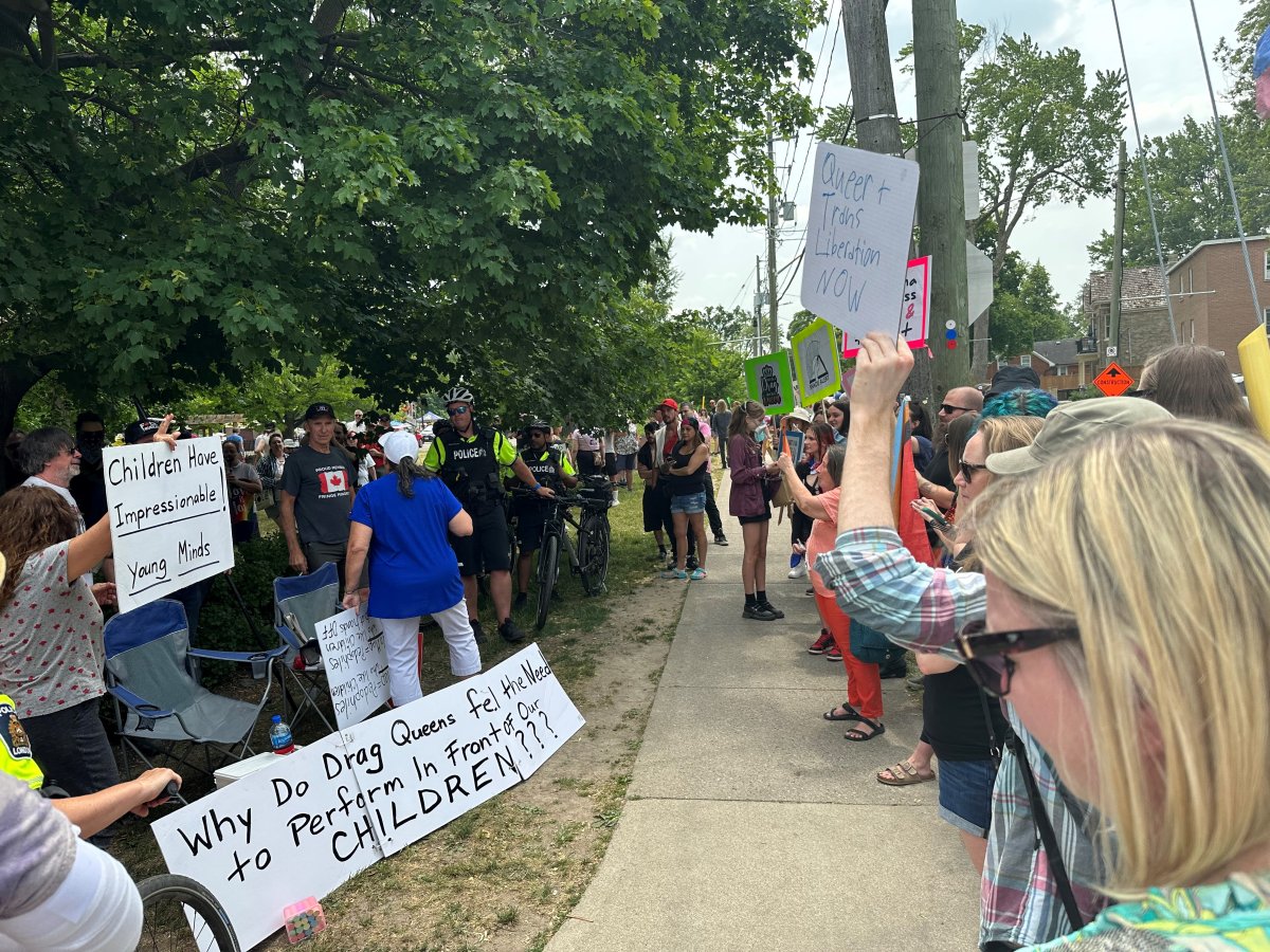 An anti-drag storytime protest and a counter protest took place at the corner of Elmwood Avenue East and Wortley Road on Saturday, June 10, 2023.