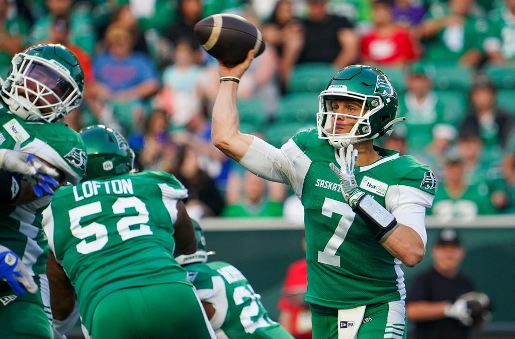 Saskatchewan Roughriders quarterback Trevor Harris (7) throws against the Winnipeg Blue Bombers during the first half of CFL football action in Regina, on Friday, June 16, 2023. THE CANADIAN PRESS/Heywood Yu.
