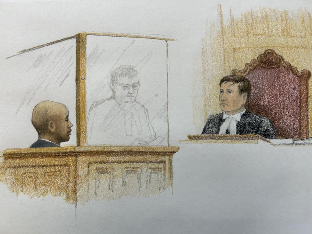 Yannick Bandaogo (left) appears in court before Justice Geoffrey Gaulin in New Westminster, B.C., on Monday, May 29, 2023 in this artist's sketch. The sentencing hearing for Bandaogo, who attacked numerous people in a fatal North Vancouver stabbing spree two years ago, continues in New Westminster, with family members calling him a "monster" for shattering many lives. THE CANADIAN PRESS/Jane Wolsak.