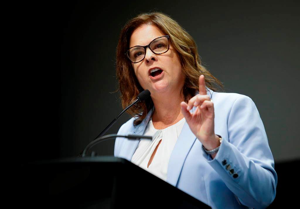 Premier Heather Stefanson speaks at the convention centre in Winnipeg on Saturday, April 15, 2023. 