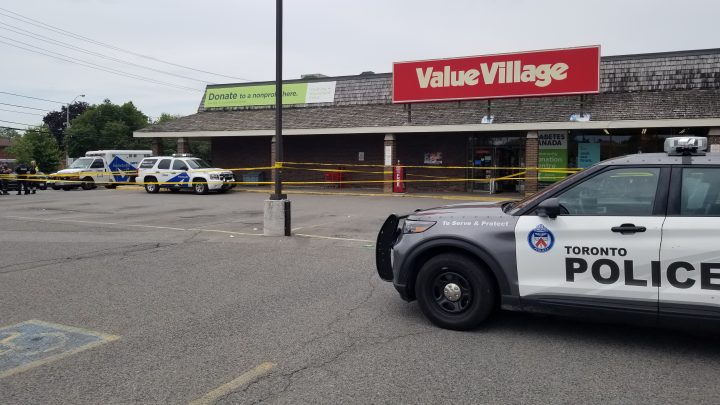 Police on the scene of a stabbing by Victoria Park Avenue and Van Horne Avenue.
