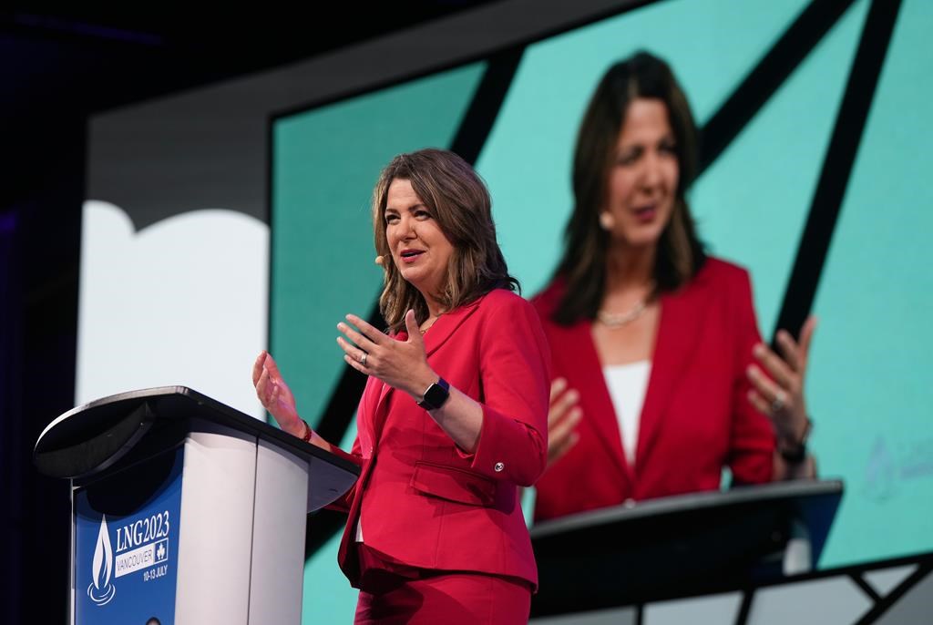 Alberta Premier Danielle Smith gives a keynote address at the the LNG2023 conference in Vancouver, on Thursday, July 13, 2023.