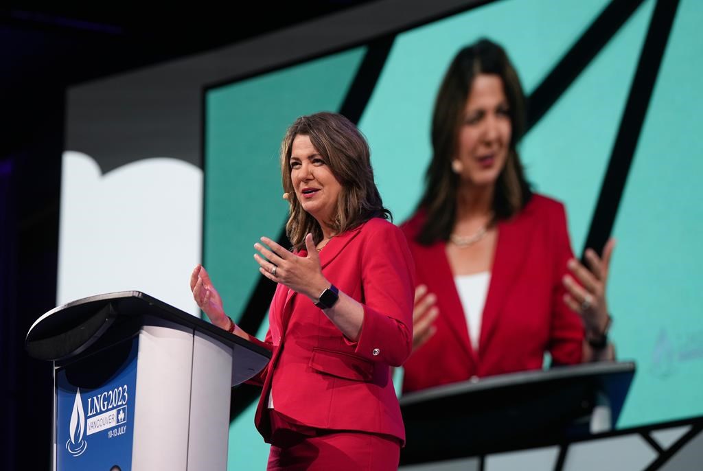 Alberta Premier Danielle Smith gives a keynote address at the the LNG2023 conference in Vancouver, on Thursday, July 13, 2023.
