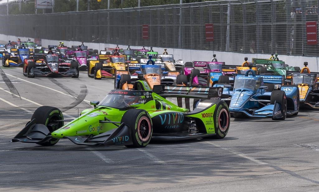 Pole sitter Christian Lundgaard leads the field into turn 1 at the start of the 2023 Honda Indy Toronto in Toronto on Sunday, July 16, 2023. THE CANADIAN PRESS/Frank Gunn.