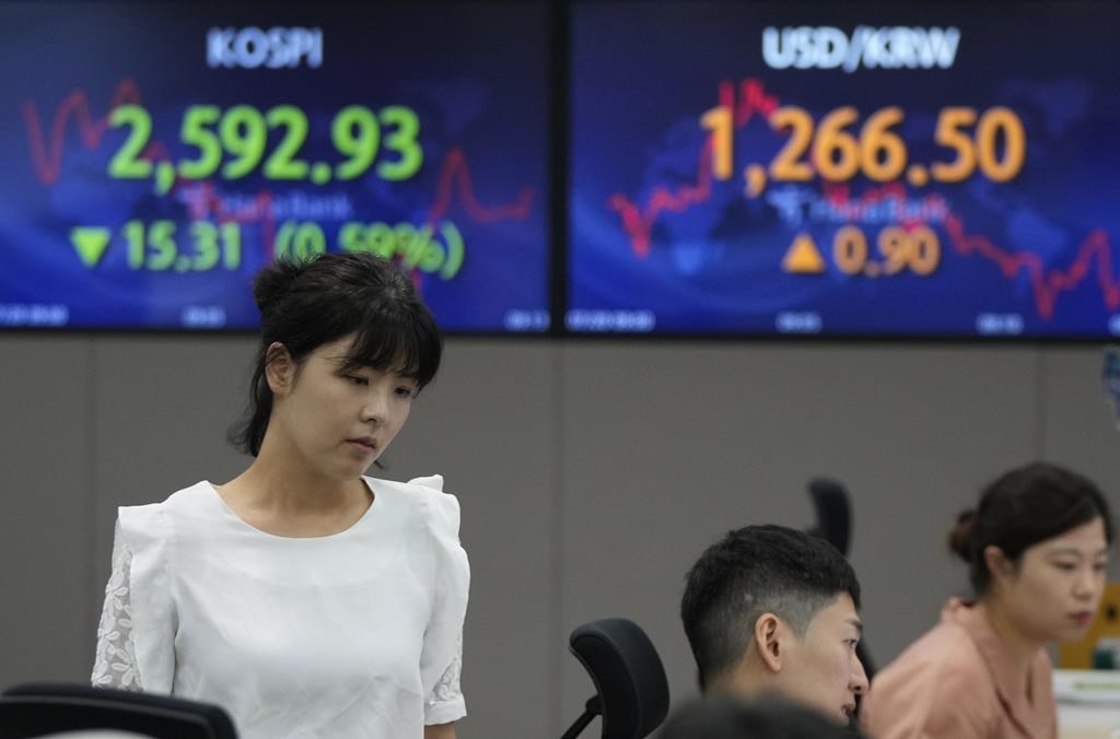 A currency trader passes by screens showing the Korea Composite Stock Price Index (KOSPI), top left, and the foreign exchange rate between U.S. dollar and South Korean won at the foreign exchange dealing room of the KEB Hana Bank headquarters in Seoul, South Korea, Thursday, July 20, 2023. Asian shares were mixed Thursday after Japan reported weaker than expected trade data for June, with imports falling nearly 13% from a year earlier. THE CANADIAN PRESS/AP-Ahn Young-joon.