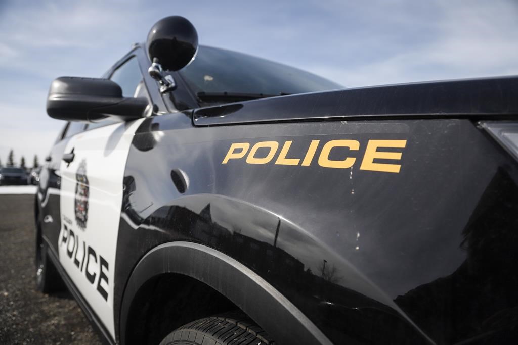 A police vehicle is pictured at Calgary Police Service headquarters on Thursday, April 9, 2020.