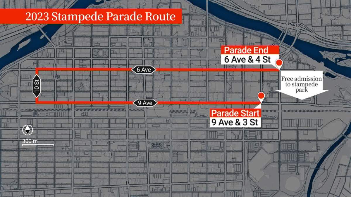 The route for the 2023 Calgary Stampede Parade.