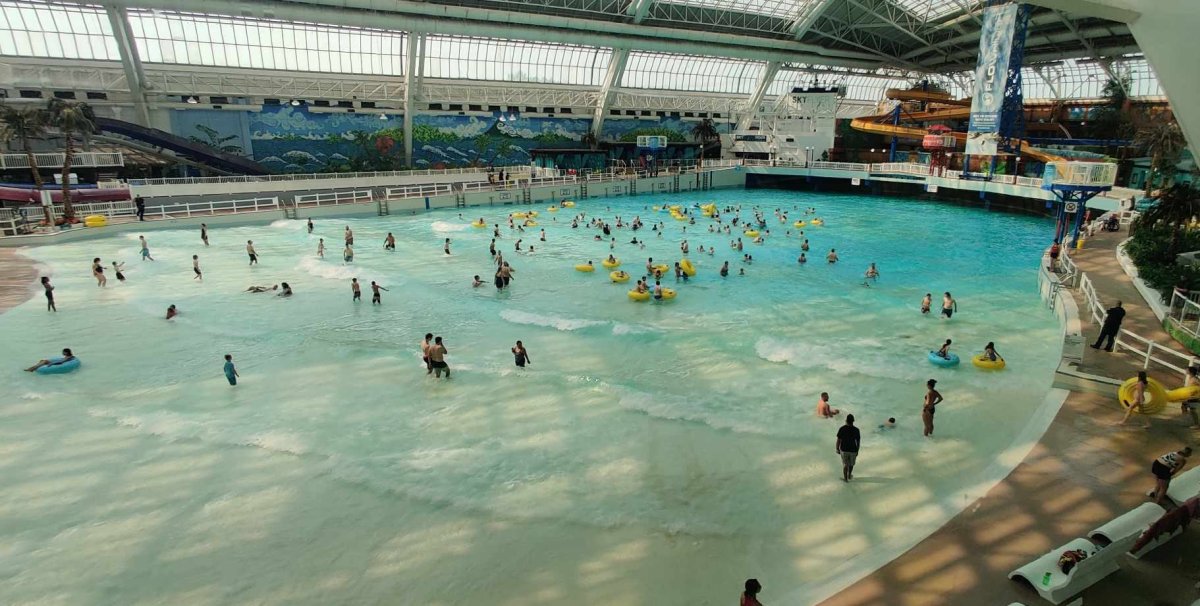 The West Edmonton Mall World Waterpark wave pool being monitored by both lifeguards and security on July 12, 2023.