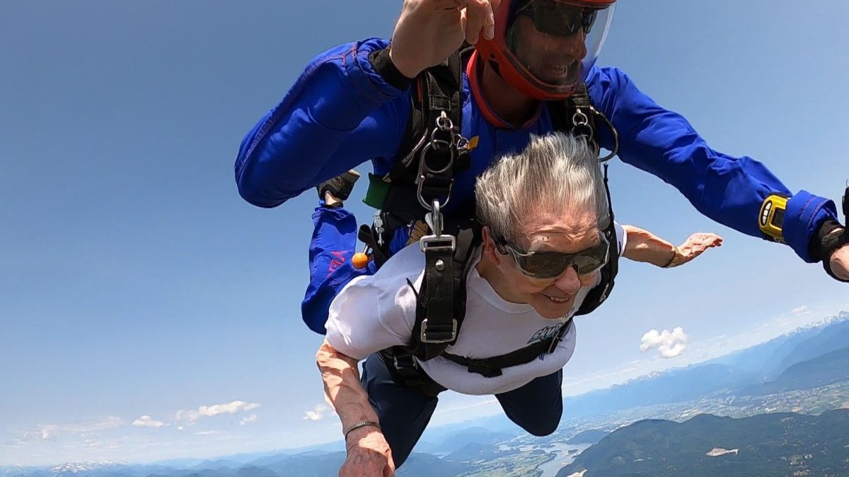 Lucie Koenig leaps from a plane in Abbotsford to celebrate her upcoming 99th birthday.