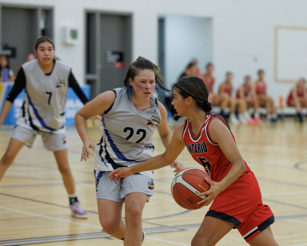 Teams from Alberta and Ontario face off during basketball action at the 2023 North American Indigenous Games in Halifax.