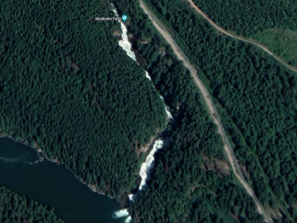 An aerial view of Akolkolex Falls, located around 30 km southeast of Revelstoke, B.C., and along the east side of Upper Arrow Lake.