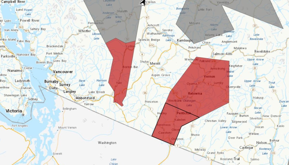 A map showing heat warnings (in red) for the Fraser Canyon and Okanagan, along with smoky sky bulletins (grey) in other regions.