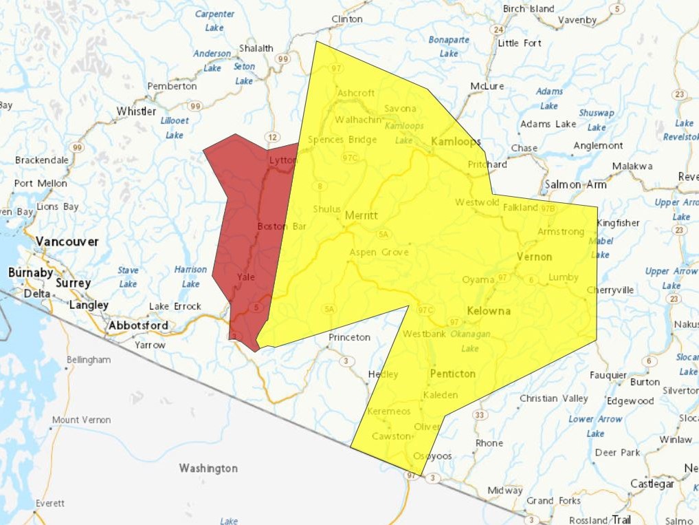 A  map showing weather alerts for B.C.’s Interior on July 7, 2023. The region in red is under a heat warning while the areas in yellow are under a severe thunderstorm watch.