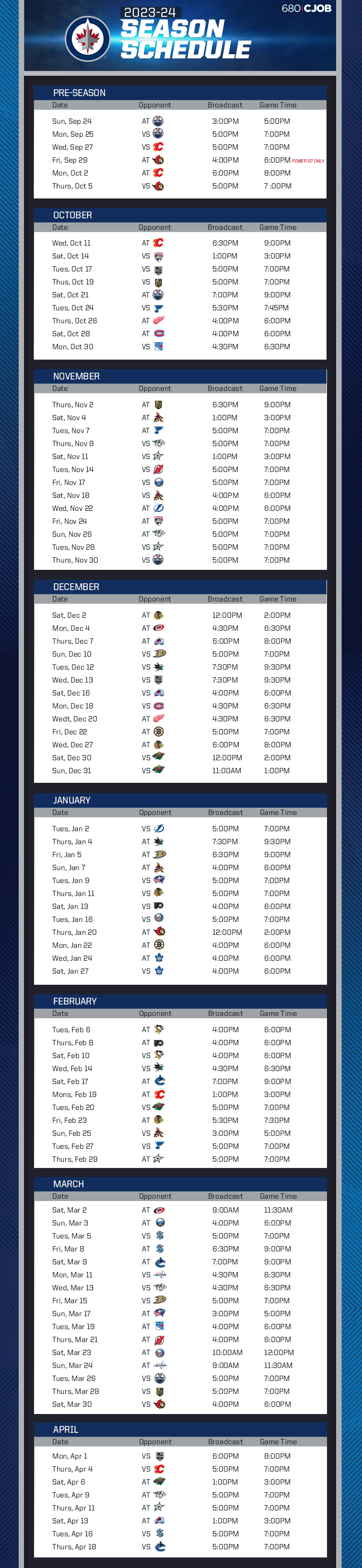 Winnipeg Jets 202324 Schedule