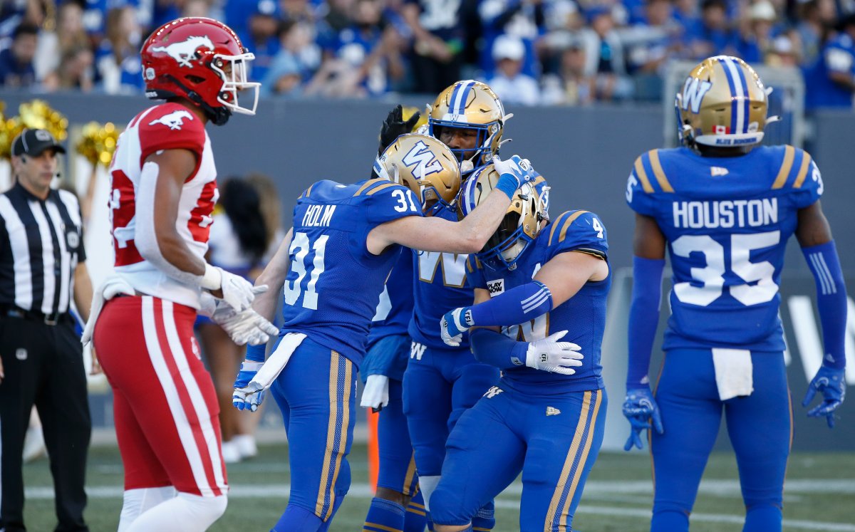 Winnipeg Blue Bombers' Evan Holm (31) and Adam Bighill (4) celebrate Holm's knock down of the touchdown pass intended for Calgary Stampeders' Rysen John (82) but he is called for pass interference during first half CFL action in Winnipeg Friday, July 7, 2023.    THE CANADIAN PRESS/John Woods.