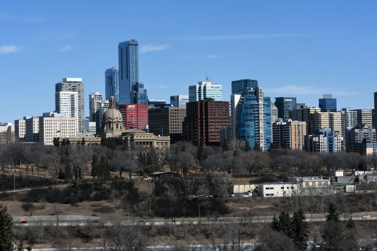 The downtown skyline is pictured in Edmonton, Alberta on April 9, 2023. The Alberta Legislature Building can be seen at left. 
