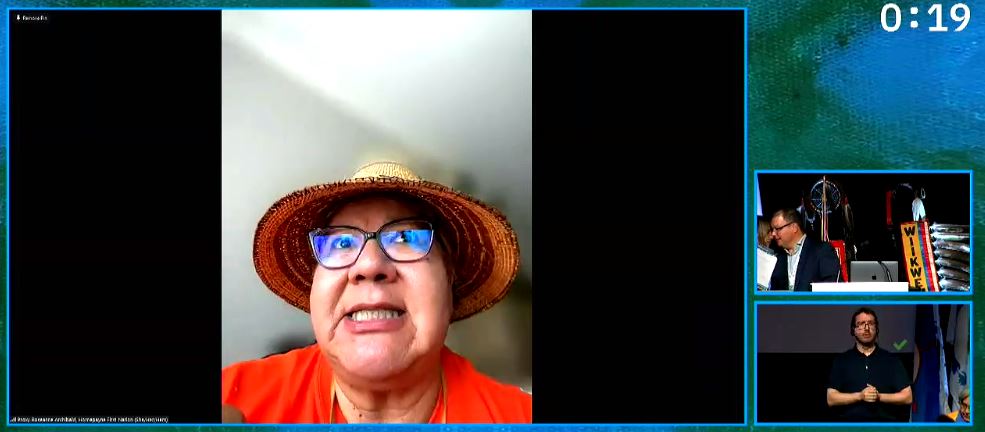 A screenshot shows a woman wearing an orange shirt and cedar hat on zoom
