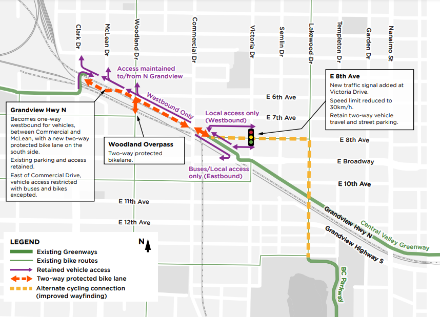 A map showing recent upgrades to the Central Valley Greenway in East Vancouver.