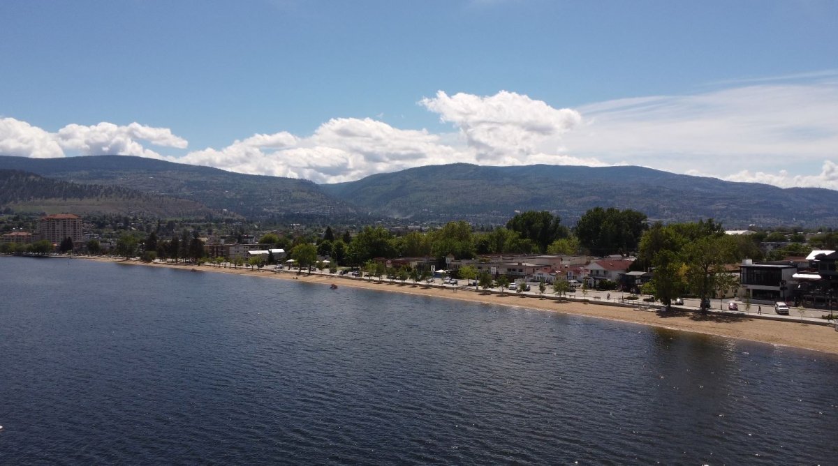 A drone view of Okanagan Lake and the City of Penticton, B.C.