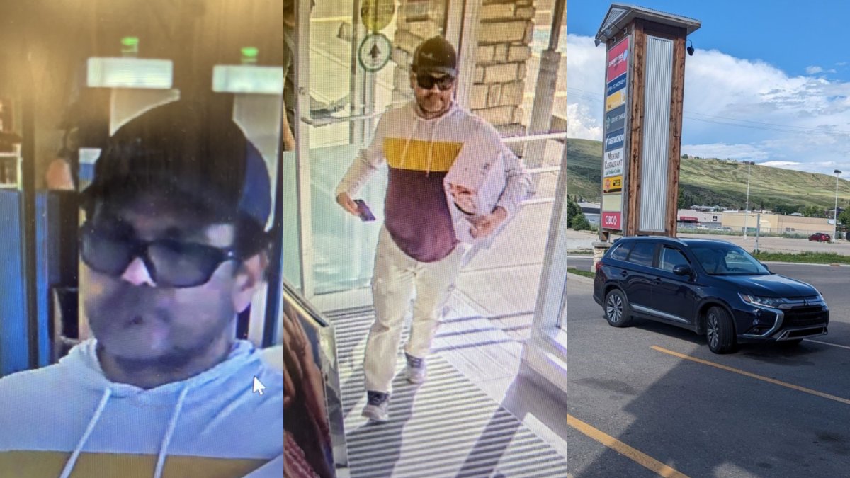 Surveillance images of the suspect and suspect vehicle in a June 30 spitting incident at a retail store in Cochrane, Alta.