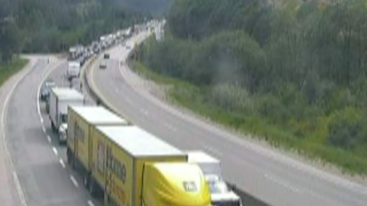 A webcam photo showing a lineup along the Coquihalla on Monday afternoon after a multi-vehicle crash temporarily closed the highway down in both directions.