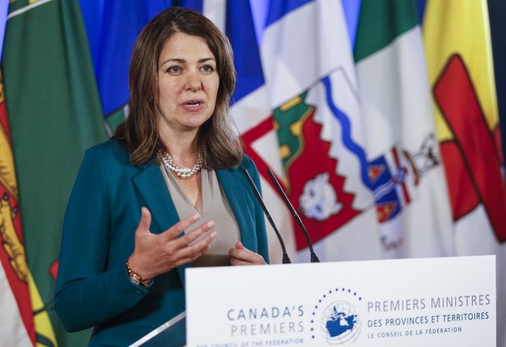 Danielle Smith, Premier of Alberta, speaks to media at the Council of the Federation Canadian premiers meeting at The Fort Garry Hotel in Winnipeg, Tuesday, July 11, 2023.