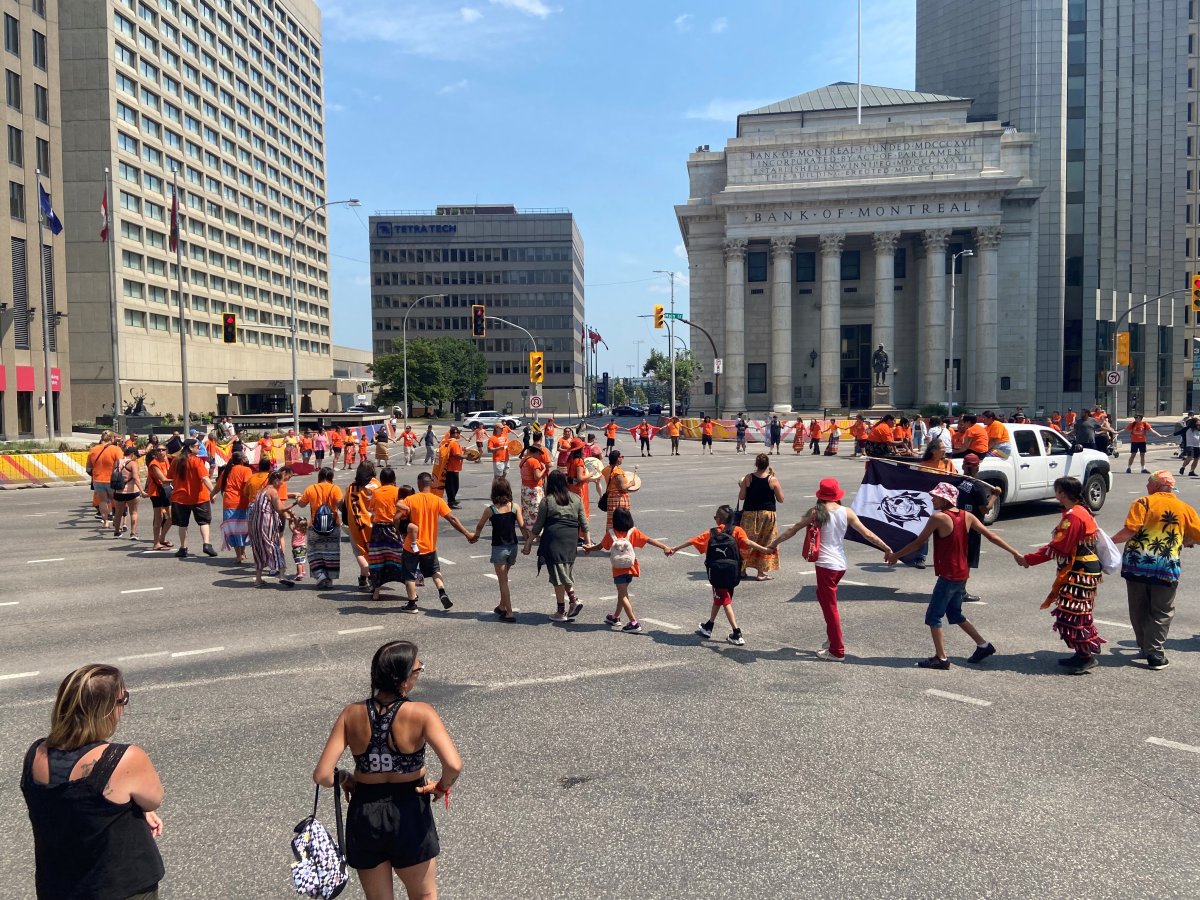 An Every Child Matters protest popped up in Downtown Winnipeg on Canada Day.