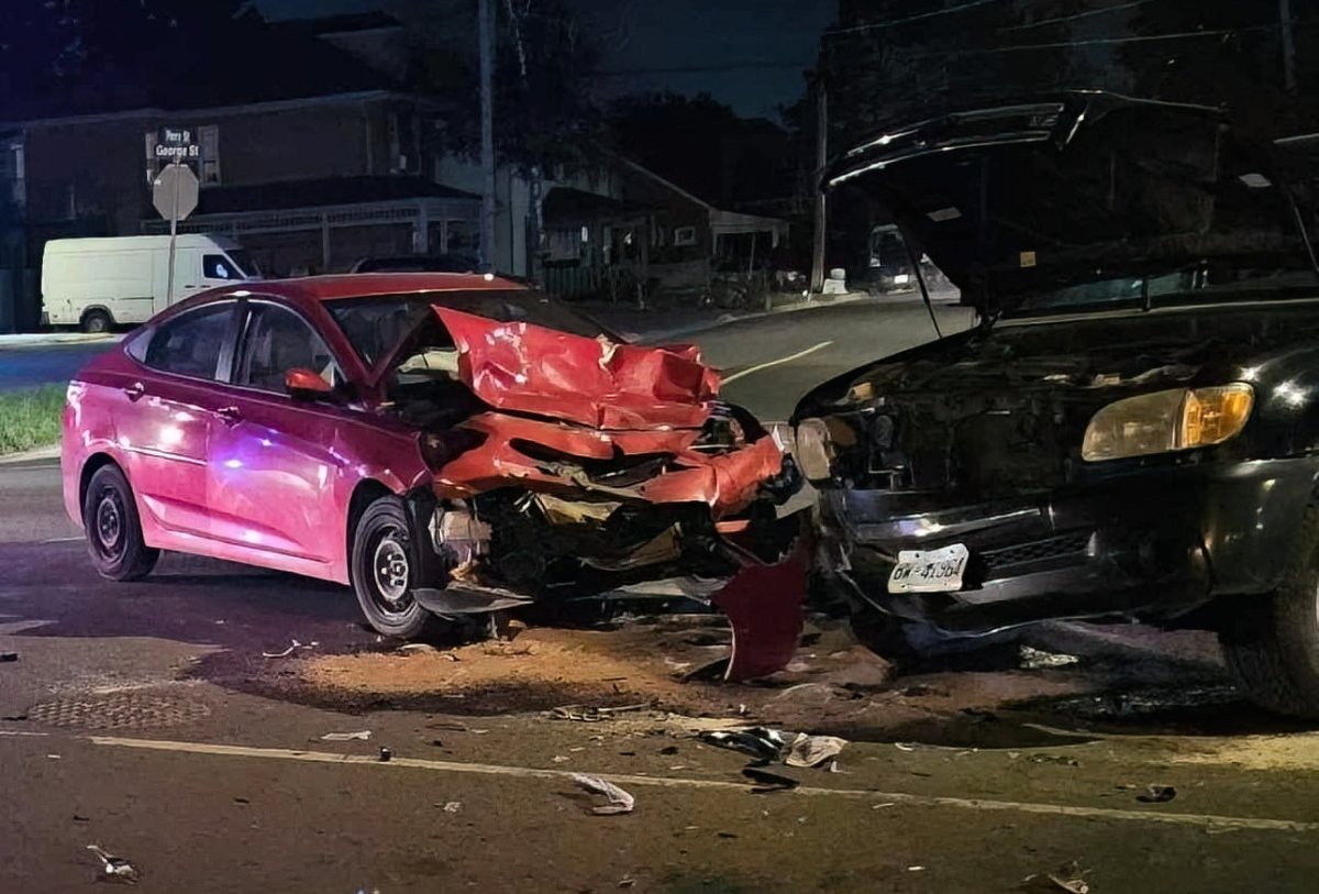 Peterborough police arrested a man for impaired driving and flight from police after a pickup truck collided with a car on George Street on July 17, 2023.