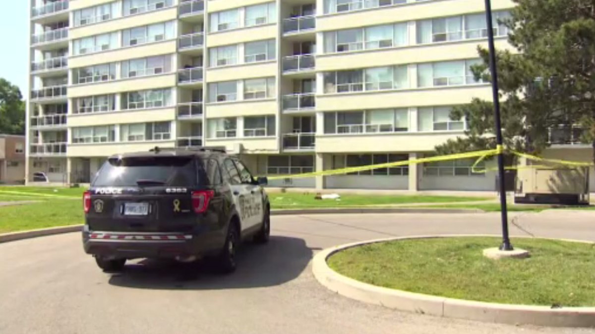 Halton Regional Police on scene at an apartment complex in Oakville, Ont. July 5, 2023 following a fatal fire that saw a man die. 