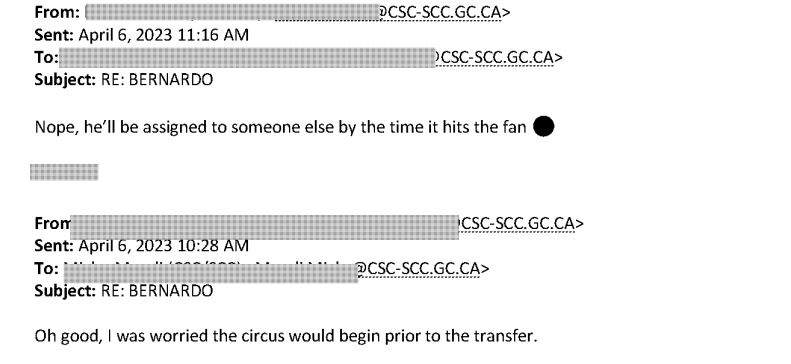 An April 6, 2023 email exchange between two Correctional Service of Canada employees discussing Paul Bernardo's prison transfer. (Credit: Global News)