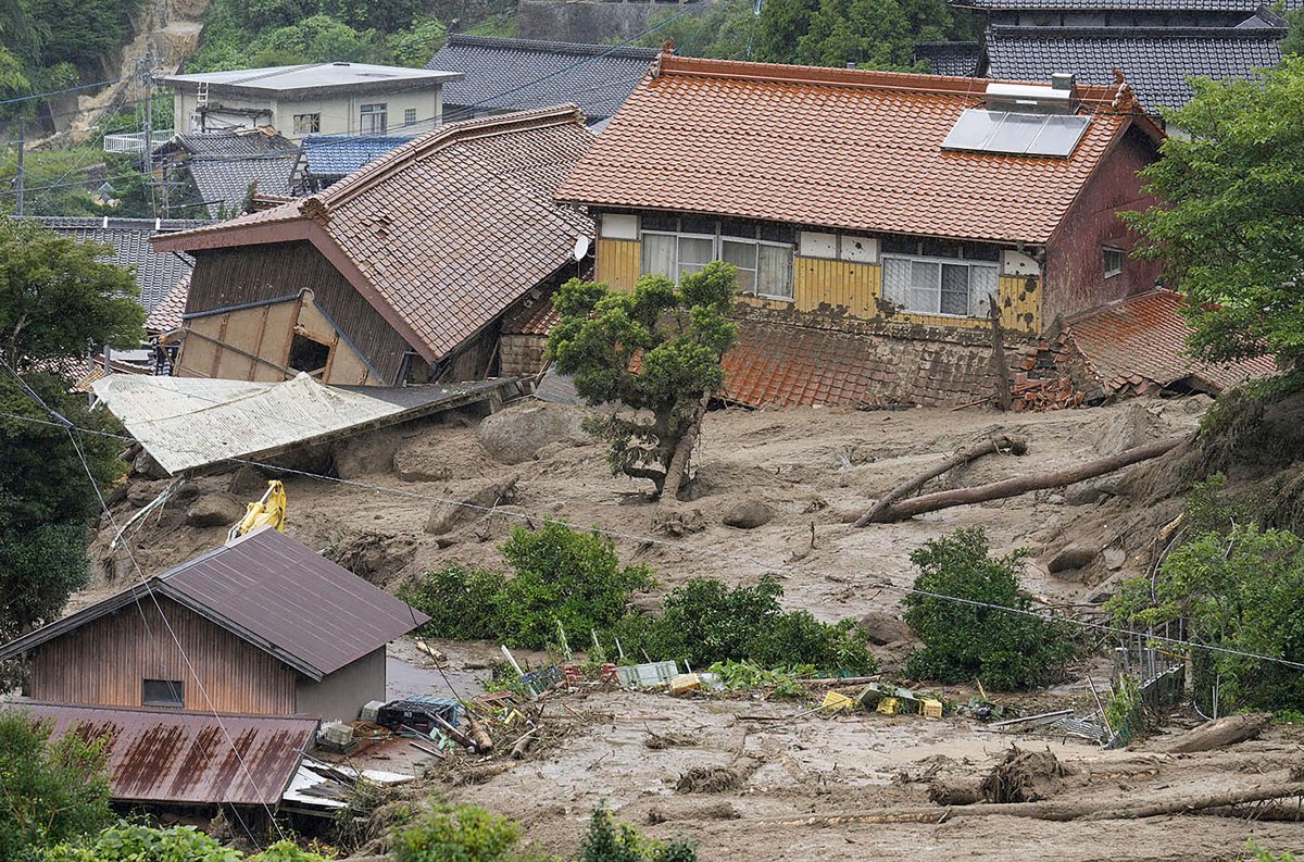 Houses are damaged by a landslide in Karatsu, Saga prefecture, southern Japan.
