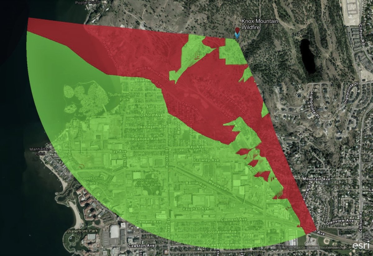A map from Kelowna RCMP showing areas around the Knox Mountain wildfire. Areas in green are considered places with sightlines within which people could have video footage of suspicious activity. Areas in red weren’t within the fire’s sightlines.
