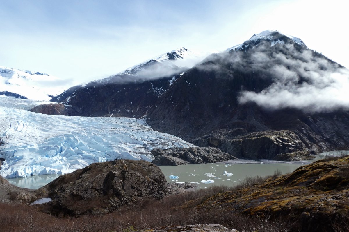 Chunks of ice float in Mendenhall Lake in front of the Mendenhall Glacier on Saturday, April 29, 2023, in Juneau, Alaska.
