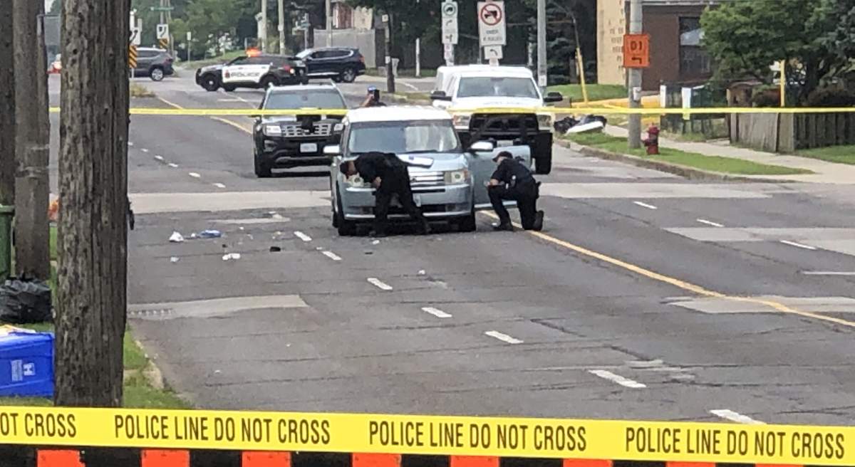 Collision reconstruction investigators at the scene at Fennel Avenue just west of Upper Wellington Street in Hamilton.