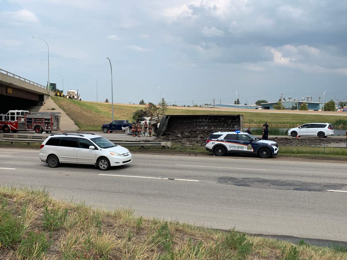 Saskatoon police are on the scene of a semi-trailer roll over on Idylwyld Drive North.
